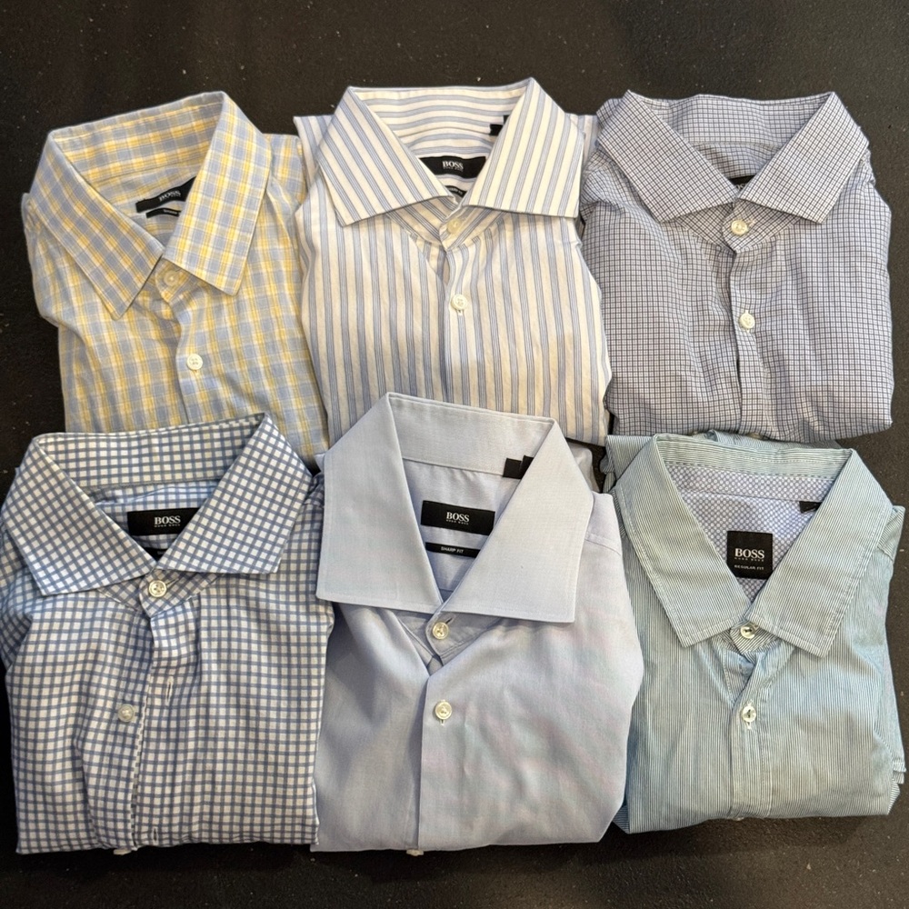 6 Boss Dress Shirts Button Down LARGE SLIM FIT Hugo Blue 16.5 Neck